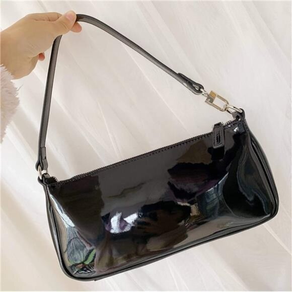Black Patent Leather Clutch Purse Shoulder Bag Evening Handbag Wedding Party - Picture 4 of 8